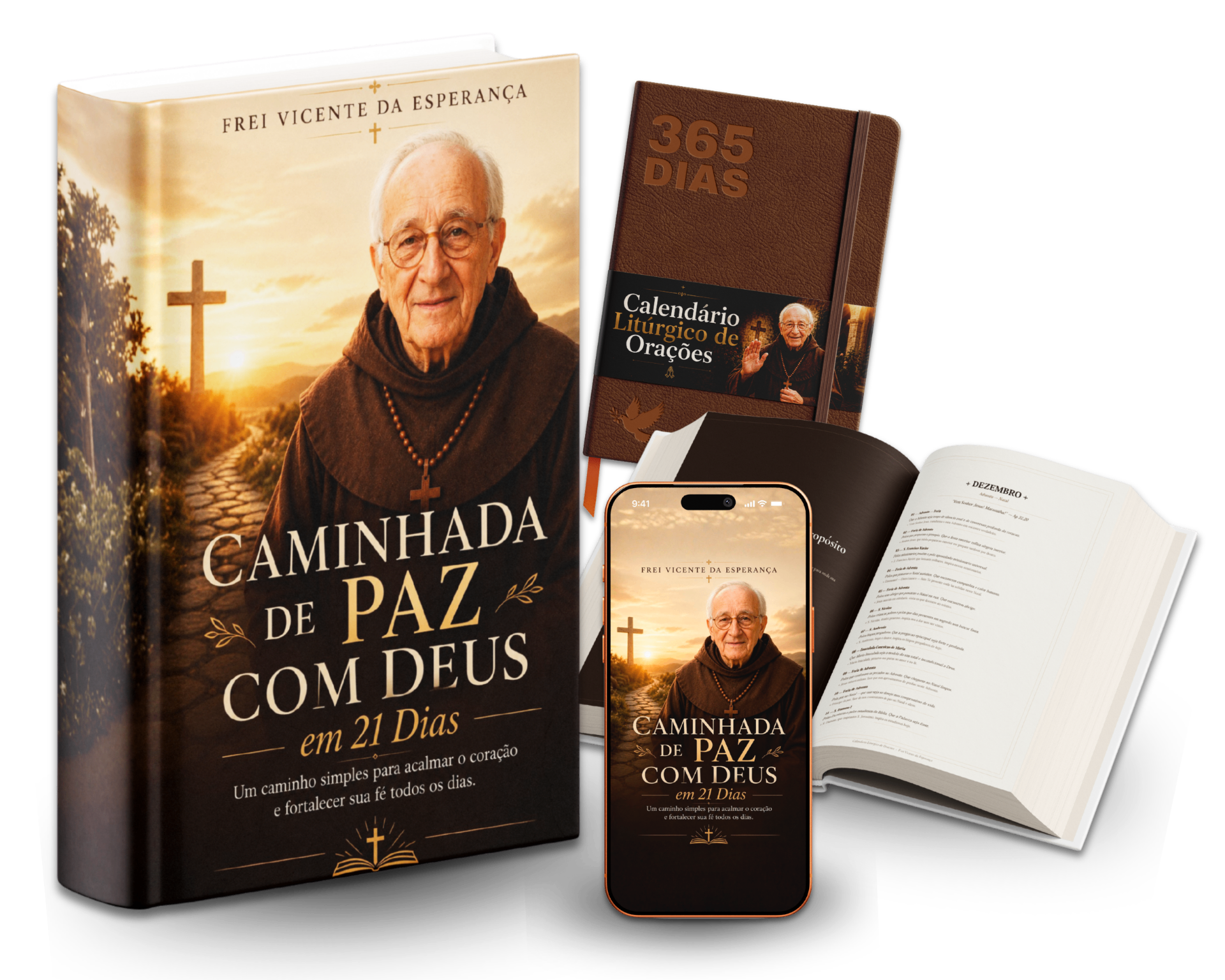 Capa do e-book Caminhada de Paz com Deus, versão para celular e livro aberto com reflexão diária